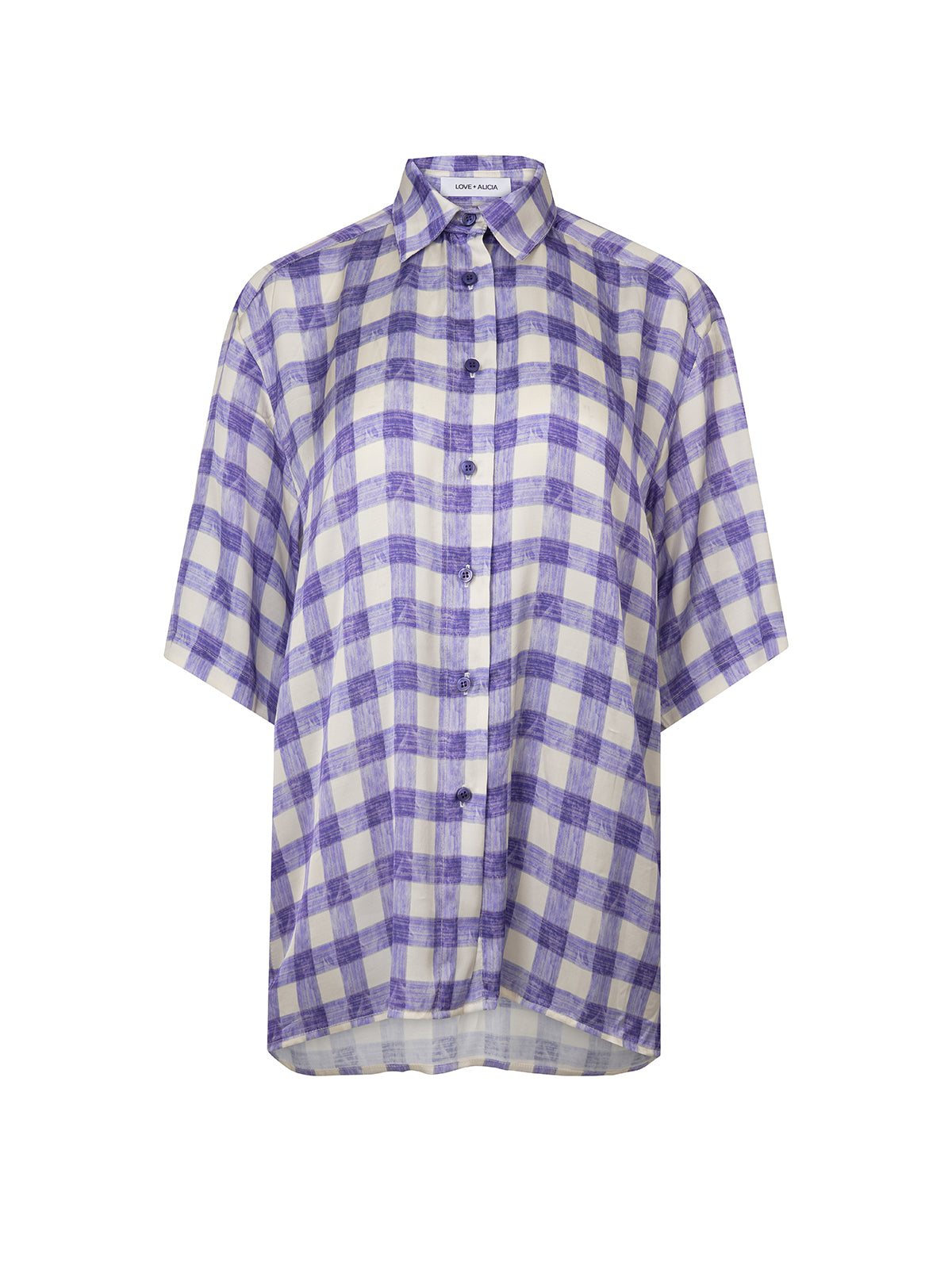 Purple and white checkered shirt on a white background