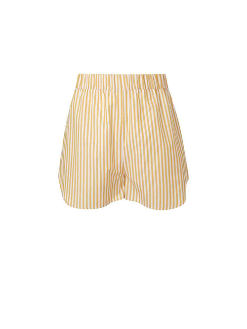 Yellow and white striped shorts on a white background
