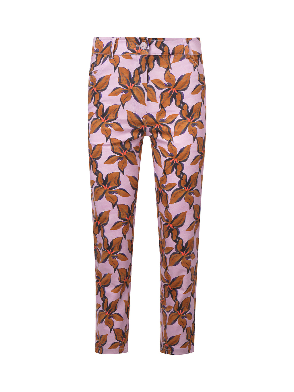 Leggings with brown leaf pattern on a light pink background