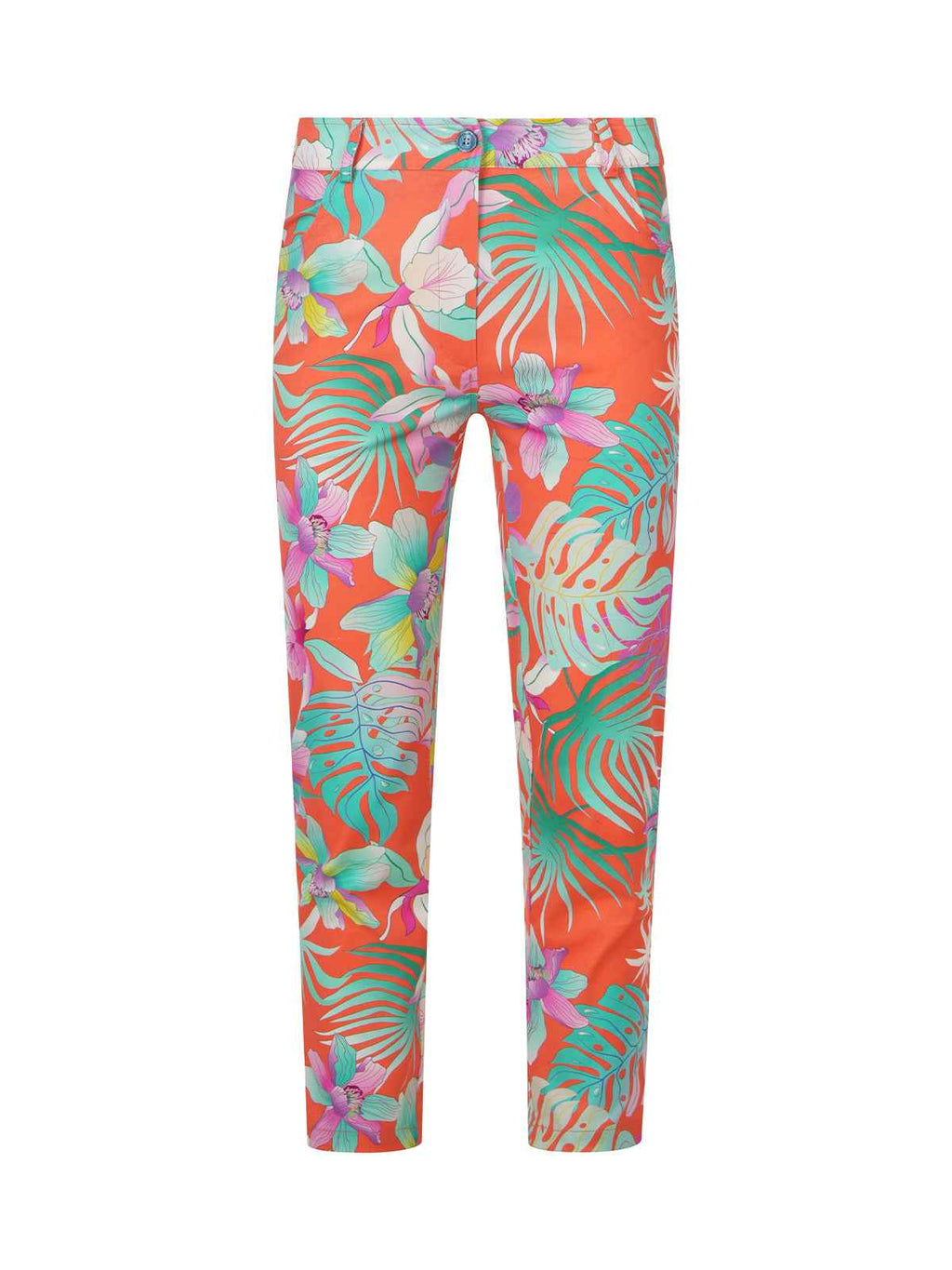 Tropical patterned pants on a white background