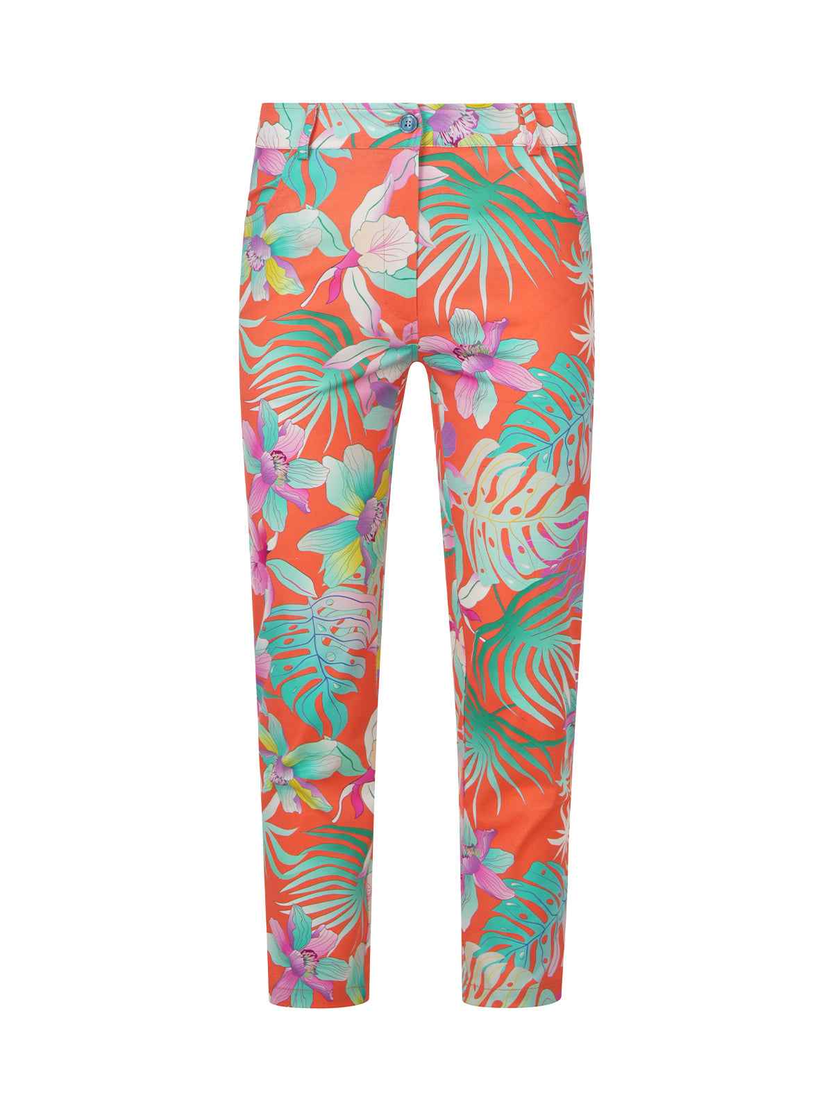 Tropical patterned pants on a white background
