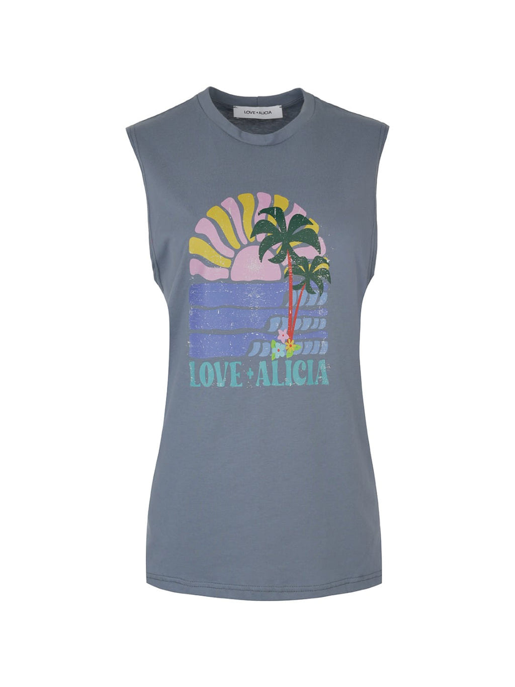 Gray sleeveless shirt with a colorful graphic design on a white background