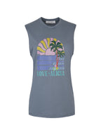 Gray sleeveless shirt with a colorful graphic design on a white background