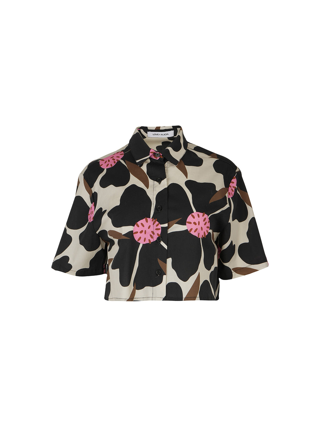 Floral patterned blouse with pink flowers on a white background