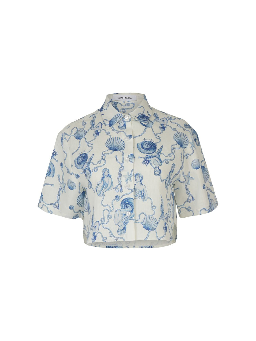 A short-sleeve button-up shirt with a blue botanical and shell pattern on a white background, shown against a plain white studio backdrop.