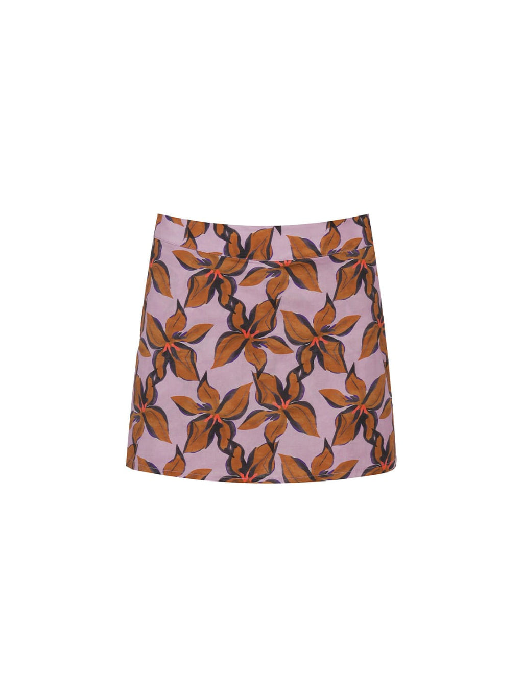 A pink A-line mini skirt with an all-over brown and black floral pattern, shown flat against a plain white background.