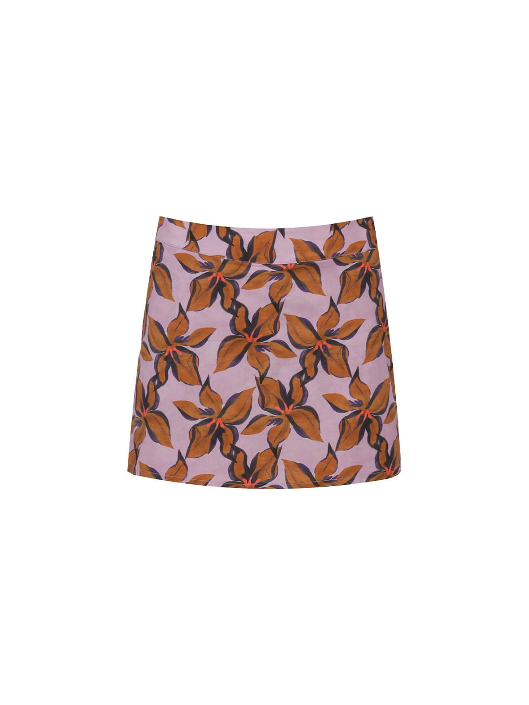 A pink A-line mini skirt with an all-over brown and black floral pattern, shown flat against a plain white background.