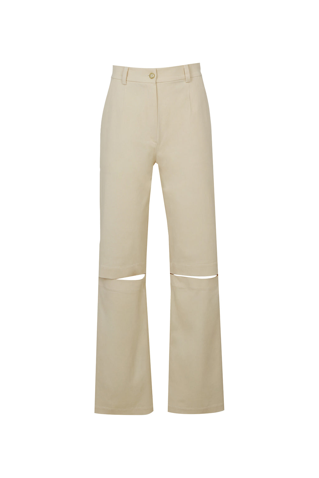 Beige pants with cut-out design on a white background