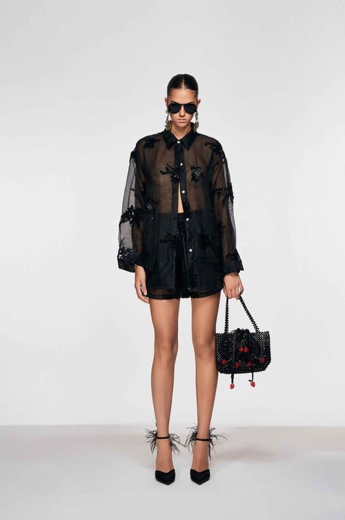 Oui Odile Sofia black sheer organza shirt and shorts co-ord set with 3D floral appliqués and button front