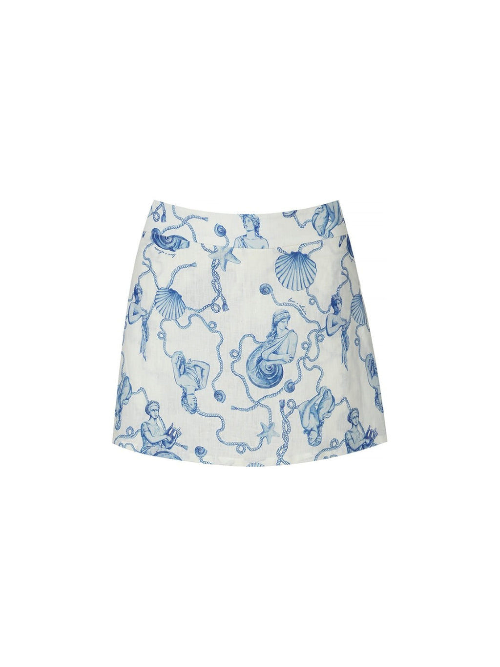 A white A-line mini skirt featuring a blue mermaid and seashell toile pattern, shown flat against a plain white background.