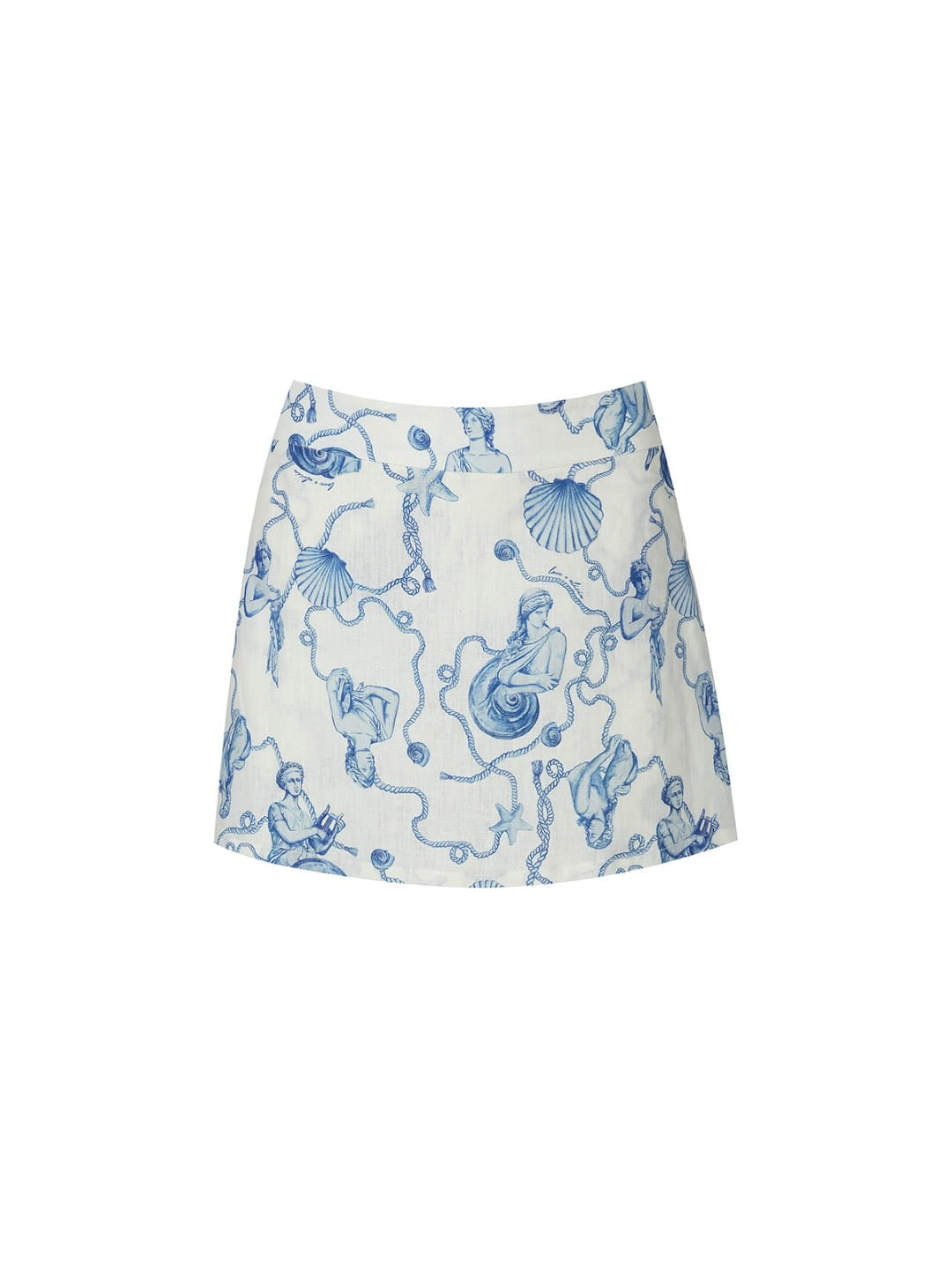 A white A-line mini skirt featuring a blue mermaid and seashell toile pattern, shown flat against a plain white background.