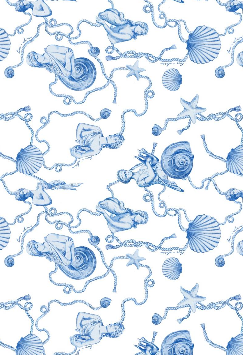 A repeating blue and white toile-style pattern featuring classical figures, seashells, starfish, ropes, and nautical motifs on a white background.