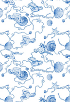 A repeating blue and white toile-style pattern featuring classical figures, seashells, starfish, ropes, and nautical motifs on a white background.