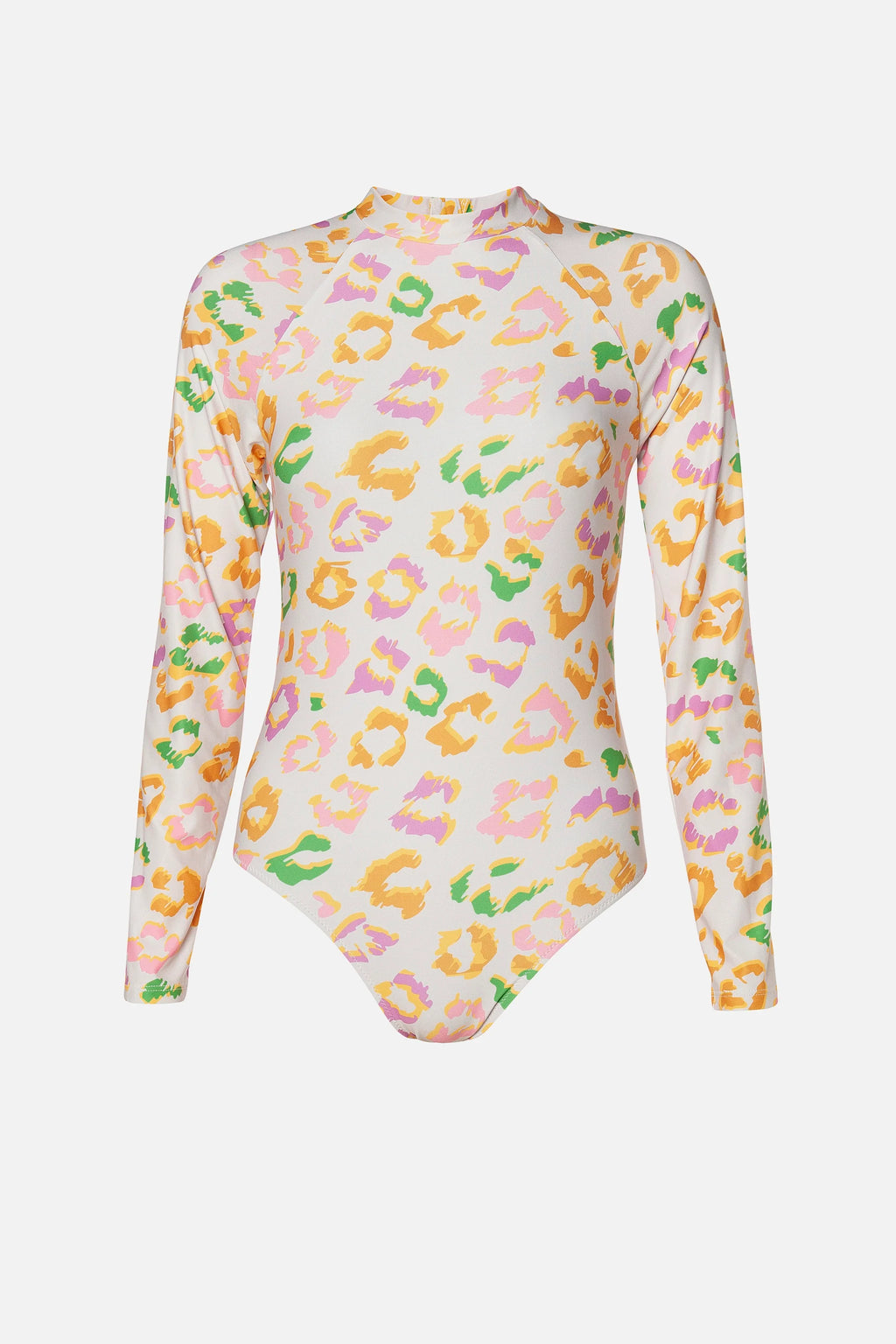 A long-sleeve bodysuit with a high mock neck, featuring an all-over pastel leopard print pattern in pink, yellow, green, and orange on a white base, shown against a light gray background.