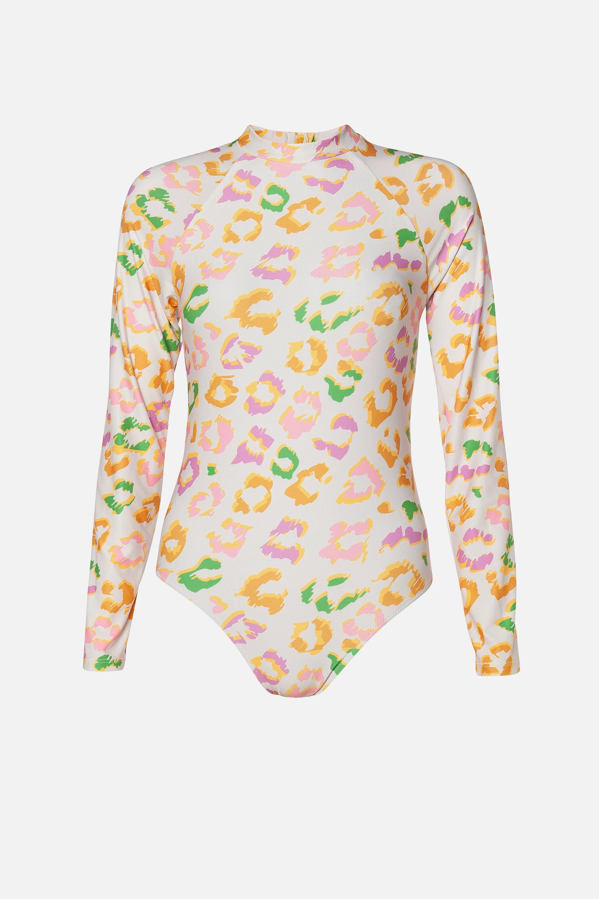 A long-sleeve bodysuit with a high mock neck, featuring an all-over pastel leopard print pattern in pink, yellow, green, and orange on a white base, shown against a light gray background.
