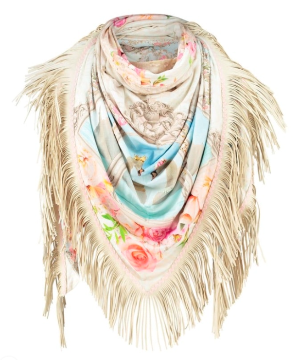 Floral patterned scarf with fringe on a white background