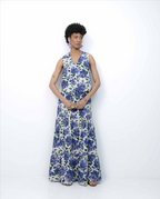 Woman wearing a floral dress on a white background