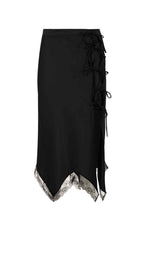 Black lace-trimmed skirt on a white background