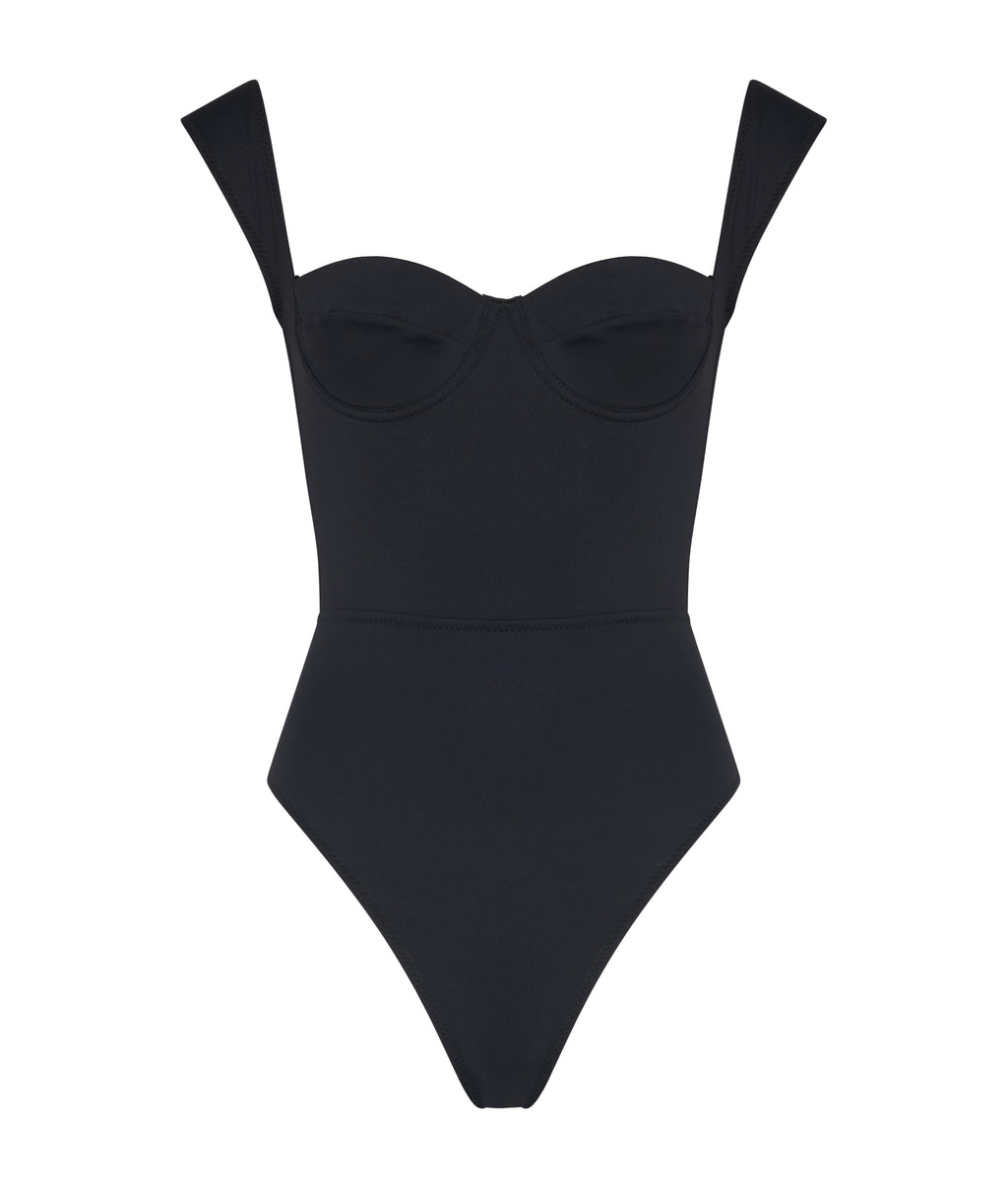 Black swimsuit with thin straps on a white background