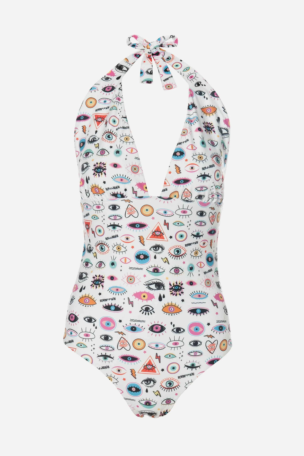 One-piece swimsuit with colorful eye pattern on a white background