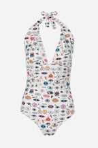 One-piece swimsuit with colorful eye pattern on a white background