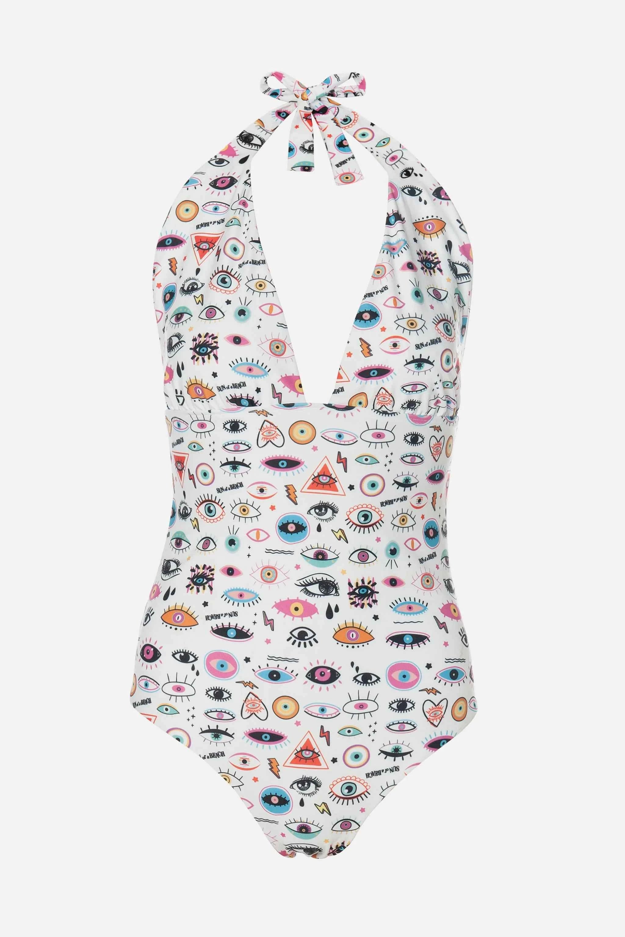 One-piece swimsuit with colorful eye pattern on a white background