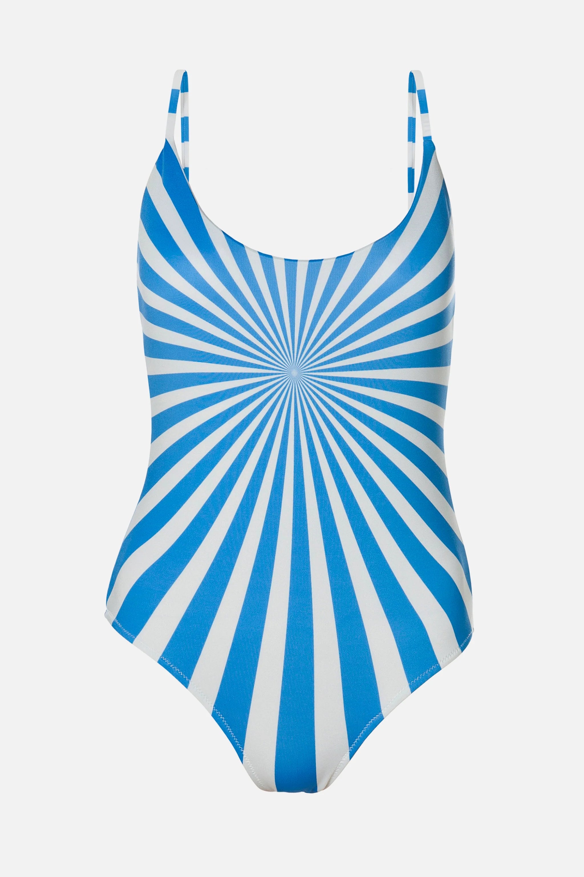 Blue and white striped swimsuit on a light gray background