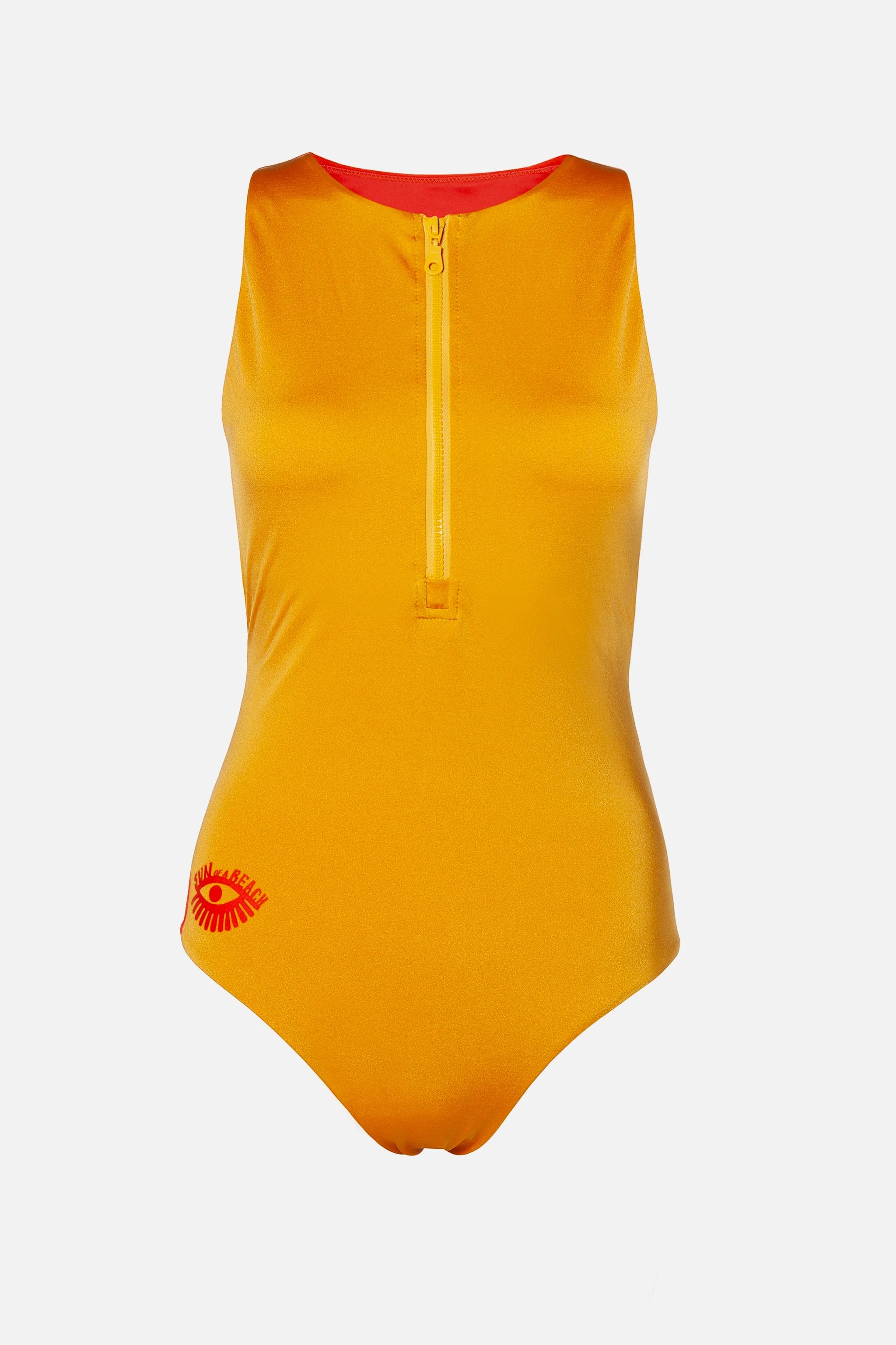 Yellow swimsuit with a red logo on a white background