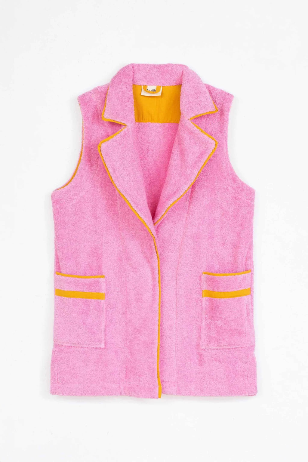 Pink vest with yellow accents on a white background