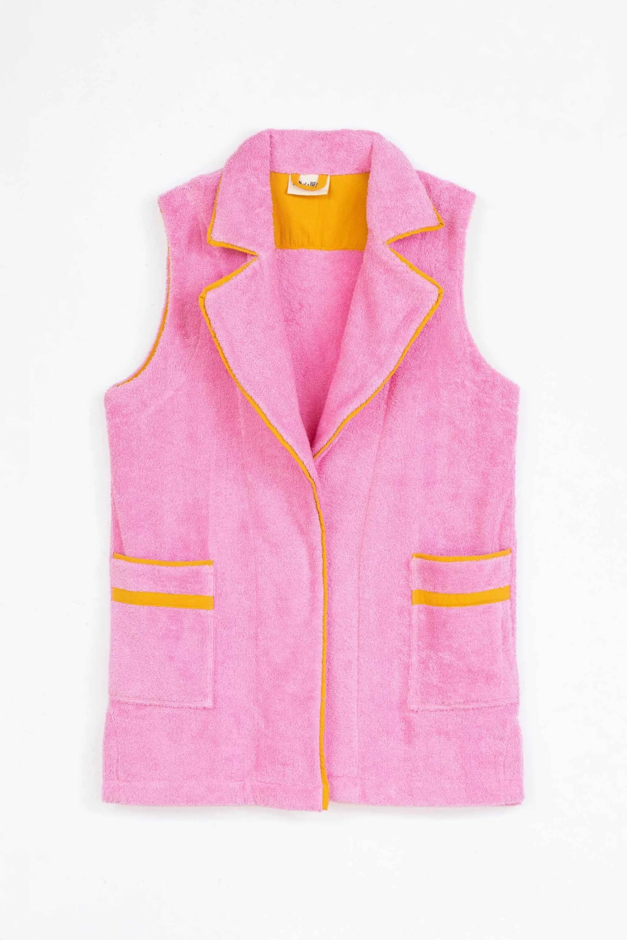 Pink vest with yellow accents on a white background