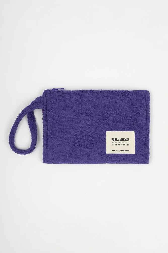 Purple fabric pouch with a visible brand label on a white background