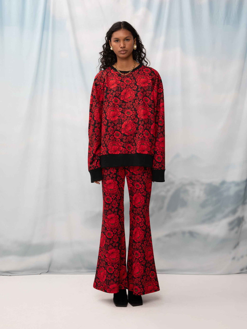 Oversized Red Flower Sweater with Floral Print