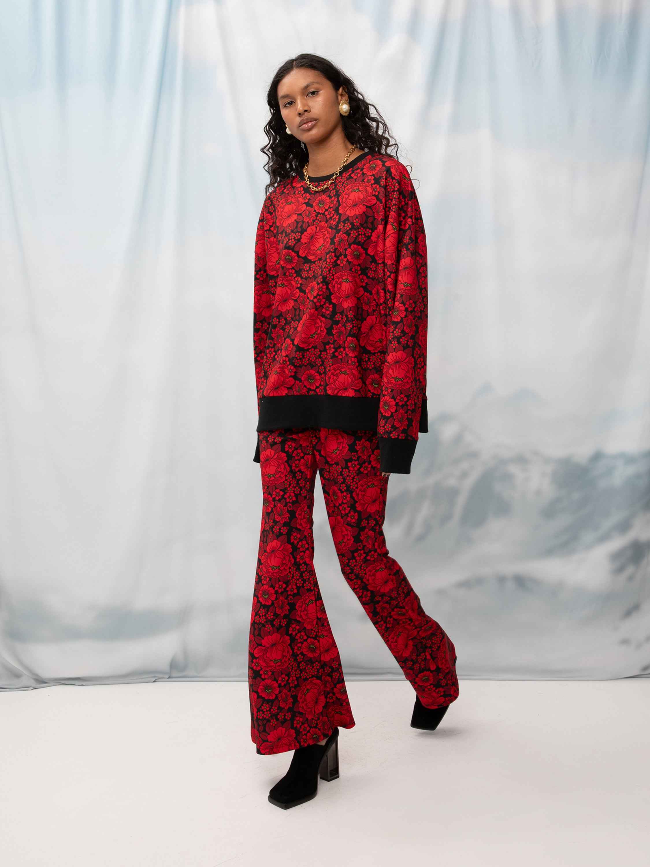 Oversized Red Flower Sweater with Floral Print