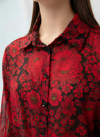 Long Sleeve Chiffon Shirt with Red Flower Design