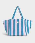 Striped tote bag with blue and pink horizontal stripes on a light gray background