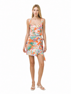 Love and Alicia MOLLY Bustier Top orange tropical floral print sweetheart crop top styled as a set with matching wrap mini skirt