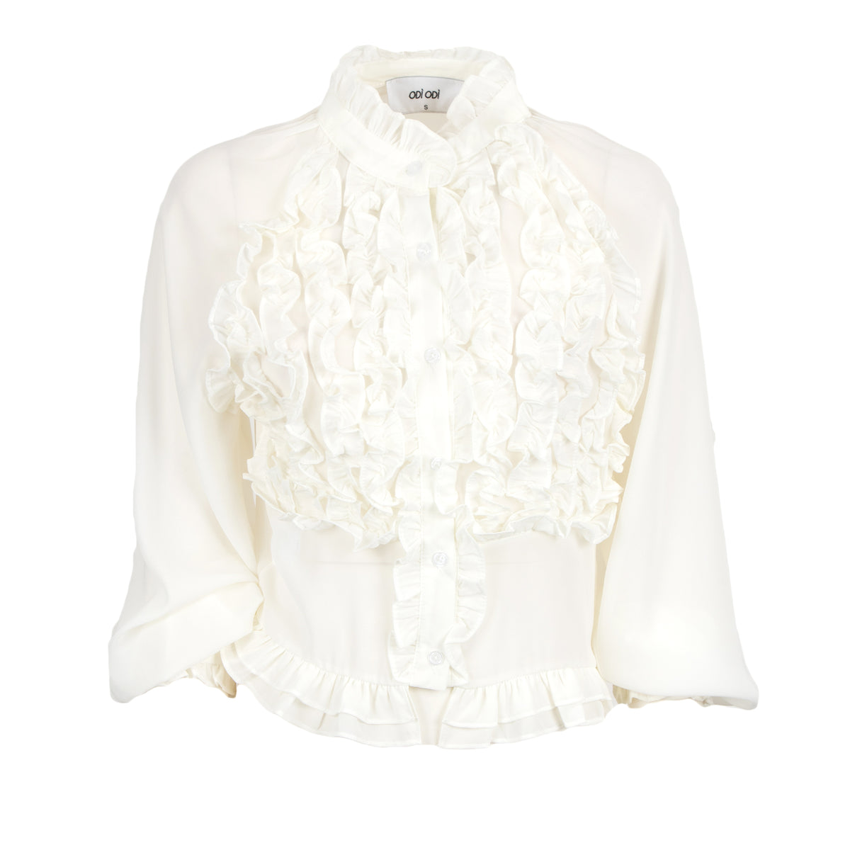 An off-white long-sleeve blouse featuring a high ruffled collar, a layered ruffle bib front, and a ruffled hemline, shown against a plain white background.