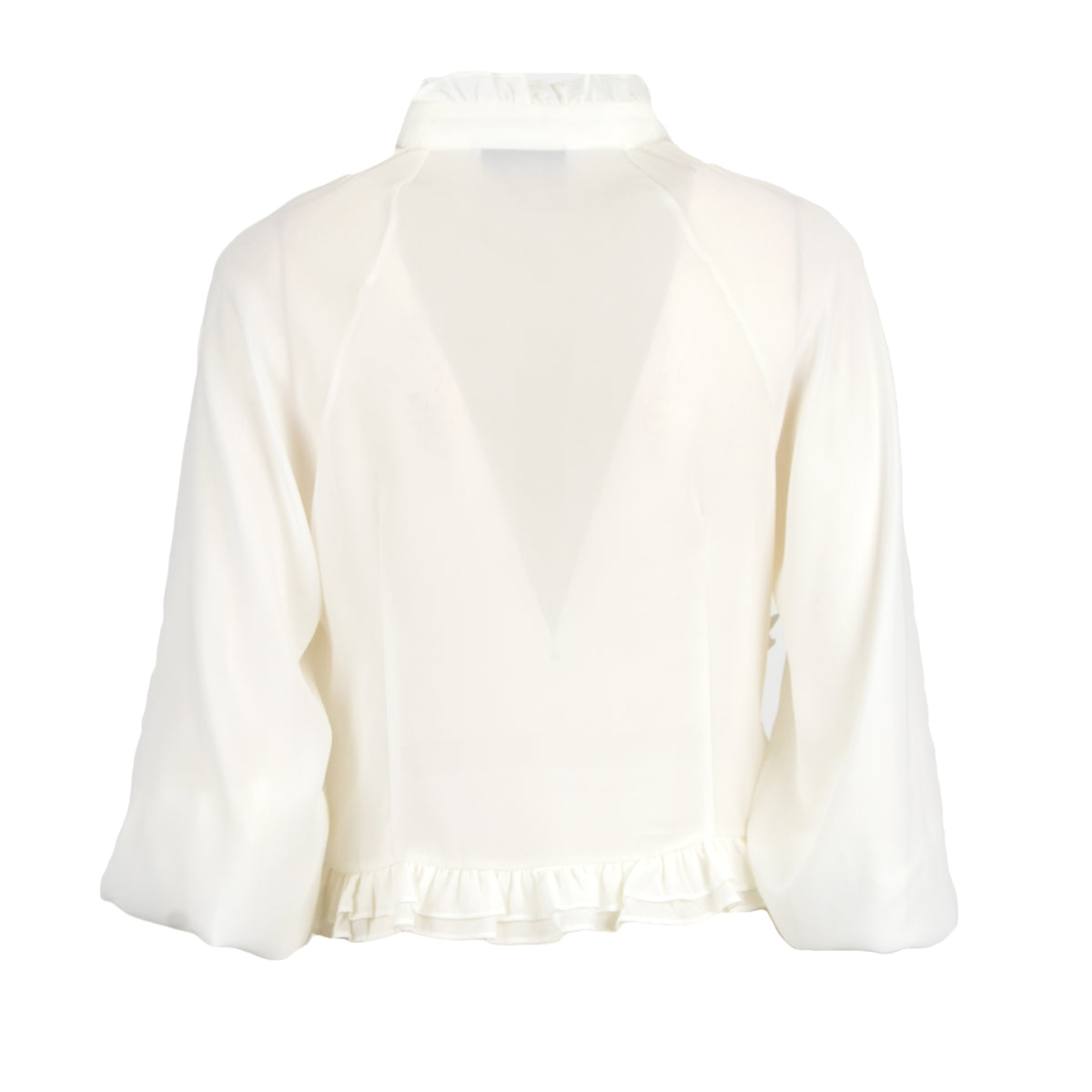 An off-white sheer long-sleeve blouse shown from the back, featuring a ruffled high neck, a large V-shaped back cutout, and a ruffled hemline.