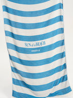 Blue and white striped towel with 'Sun of a Beach Greece' text on a white background