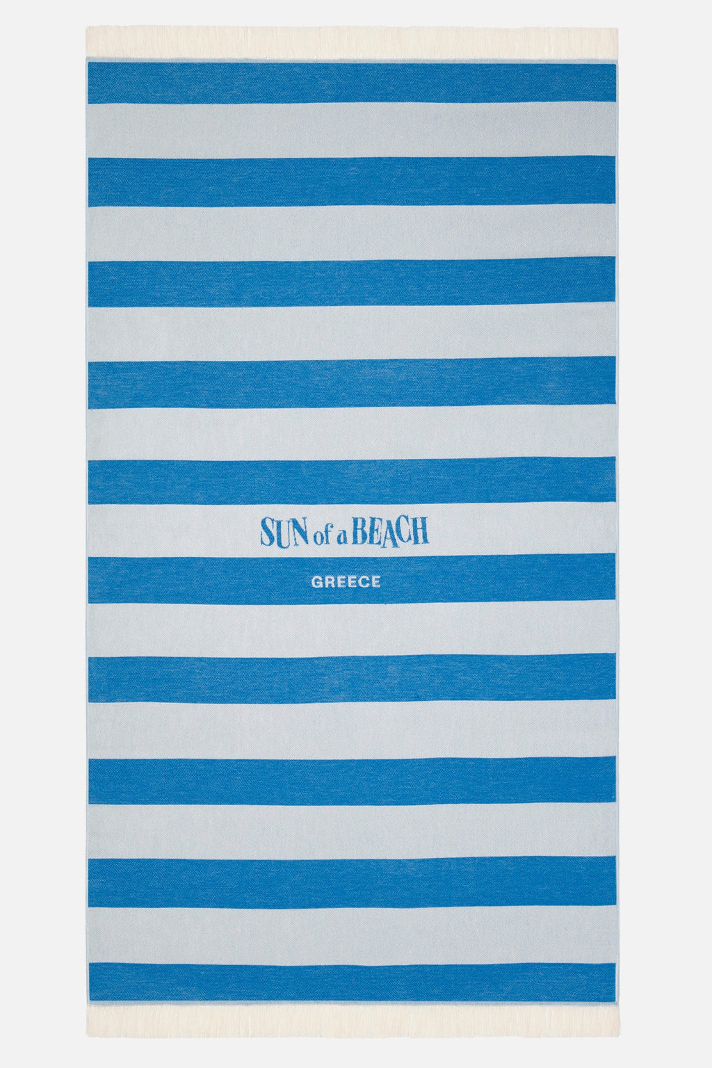 Striped beach towel with 'Sun of a Beach' logo on a white background