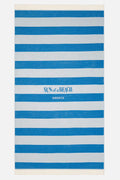 Striped beach towel with 'Sun of a Beach' logo on a white background