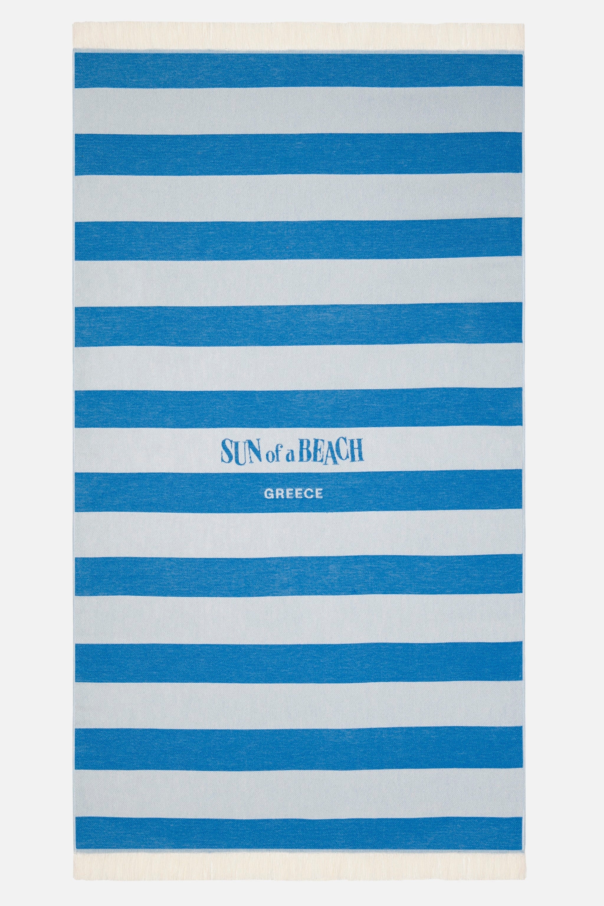 Striped beach towel with 'Sun of a Beach' logo on a white background