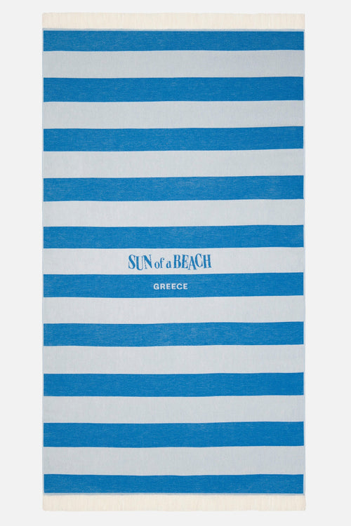 Striped beach towel with 'Sun of a Beach' logo on a white background