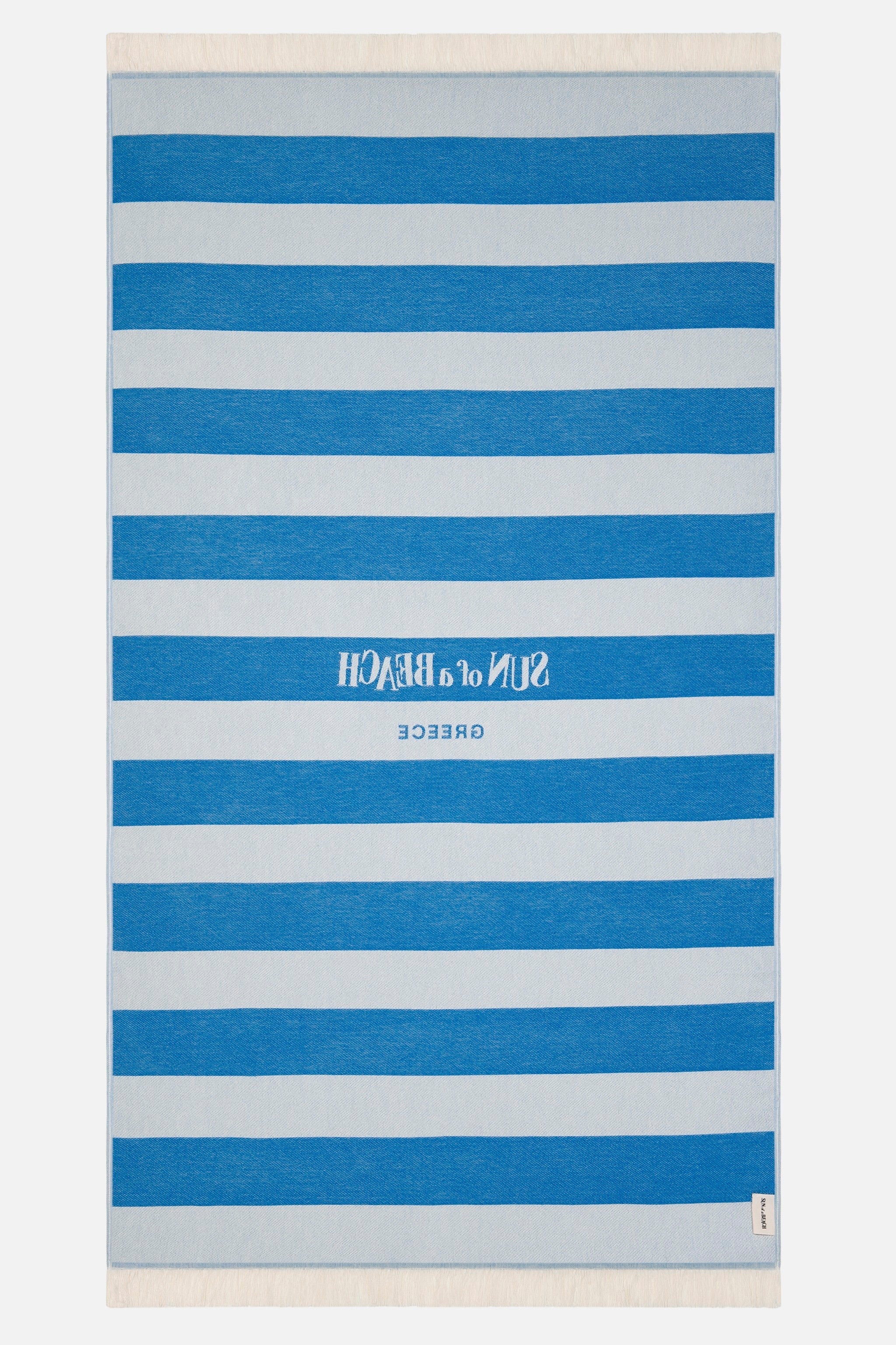 Striped towel with blue and white stripes and text on a white background
