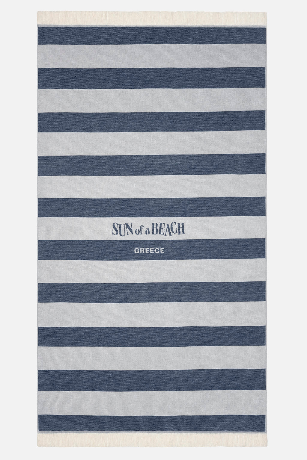 Striped beach towel with 'Sun of a Beach Greece' text on a white background