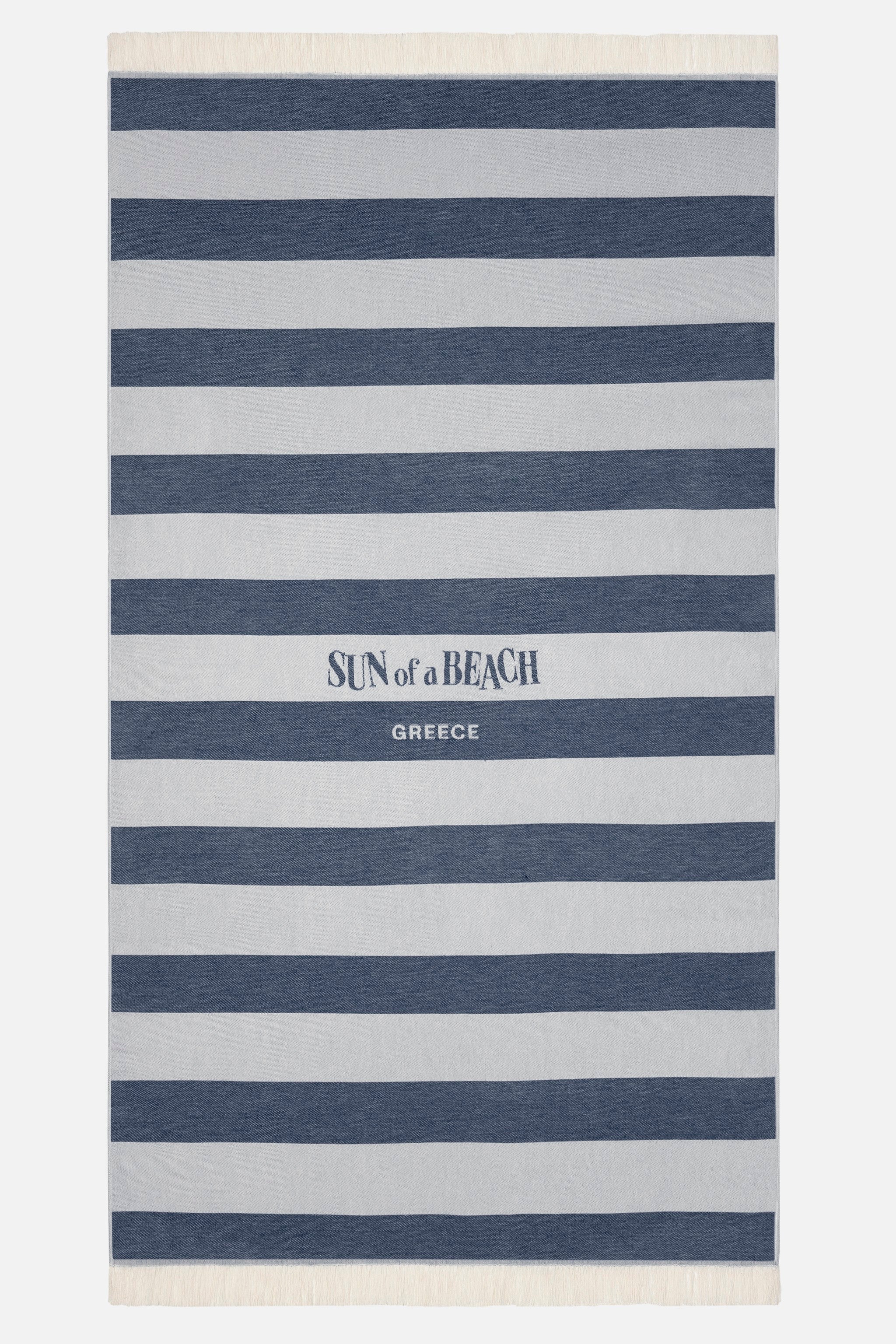 Striped beach towel with 'Sun of a Beach Greece' text on a white background