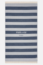 Striped towel with text on a white background