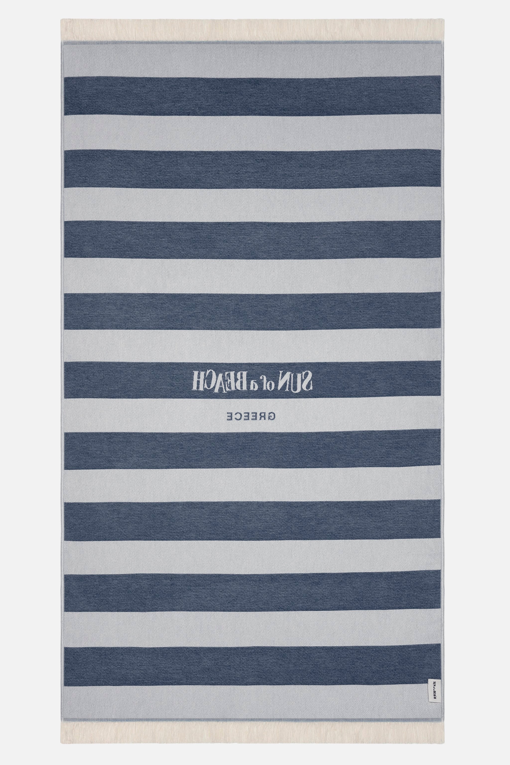 Striped towel with text on a white background