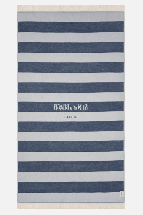 Striped towel with text on a white background