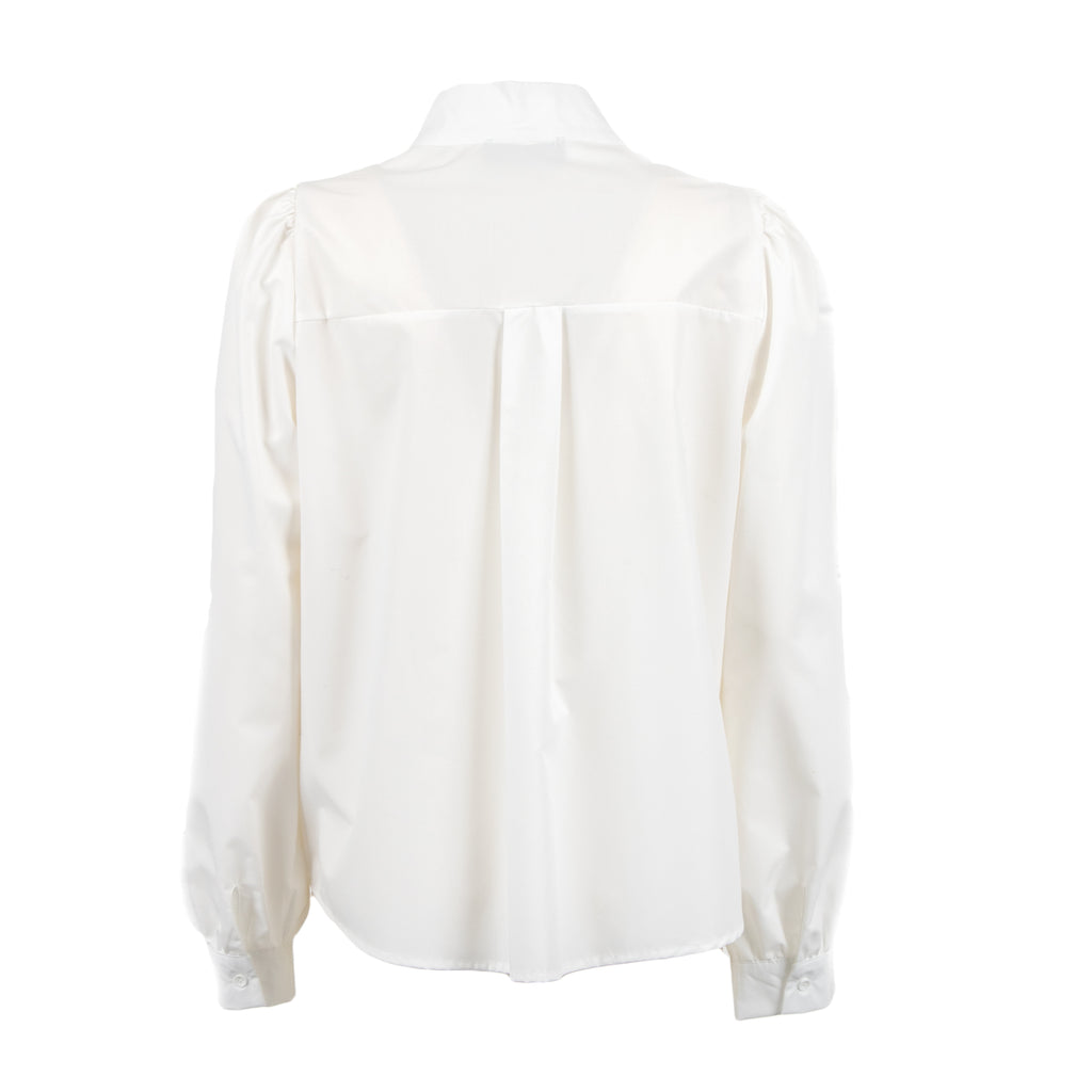 A white long-sleeve blouse shown from the back, featuring a high collar, a gathered back panel with a central seam, and buttoned cuffs, displayed on a clean white background.